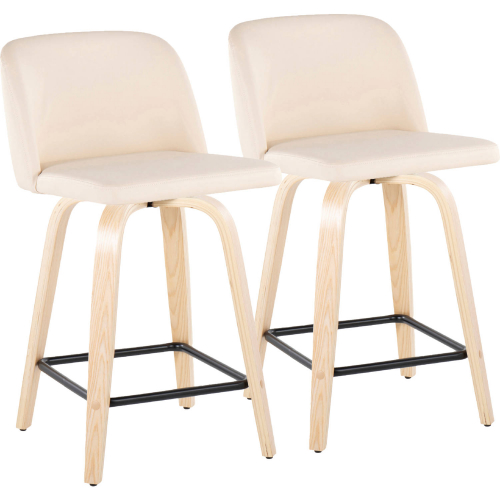 Toriano 24" Swivel Counter Stool in Natural Wood & Cream Leatherette w/ Black Footrest (Set of 2)